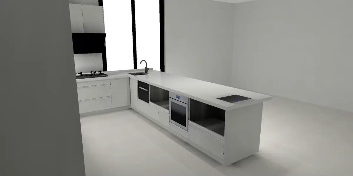 白色系統廚具3D設計圖長檯側視
