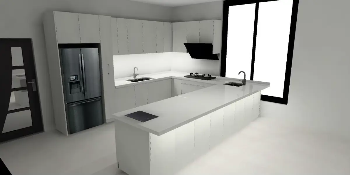 白色系統廚具3D圖U型全景