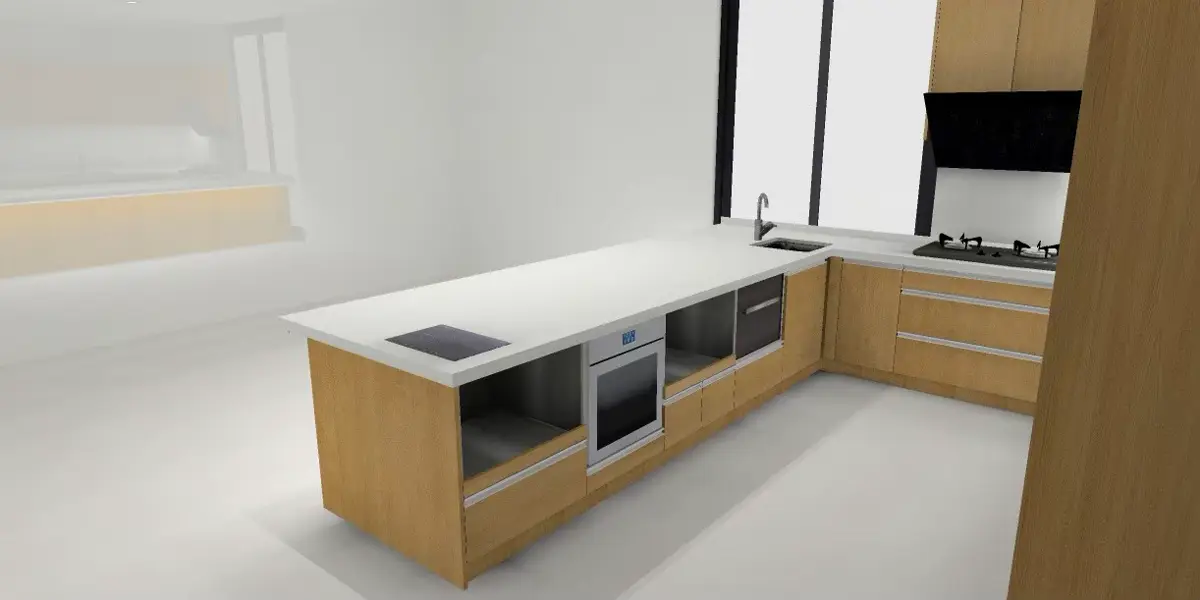 木紋廚具3D圖吧檯與烤箱特寫